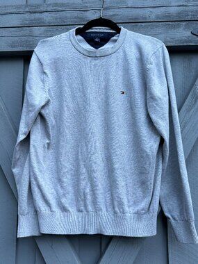 Tommy Hilfiger Men's Crewneck Sweater Gray Cotton Knit Flag Logo Size M
